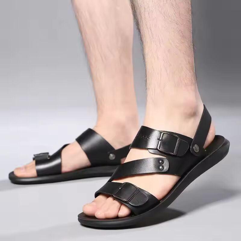 Sandalia Masculina 2024 Brown Leather Mens Summer Non-slip Shoes Casual Comfort Open Toe Flat Sandalias Soft Beach Footwear